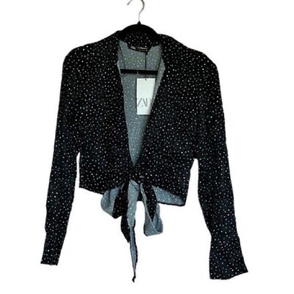NWT ZARA Black White Polka Dot Satin Tie Front Bow Detail Blouse - Picture 2 of 4